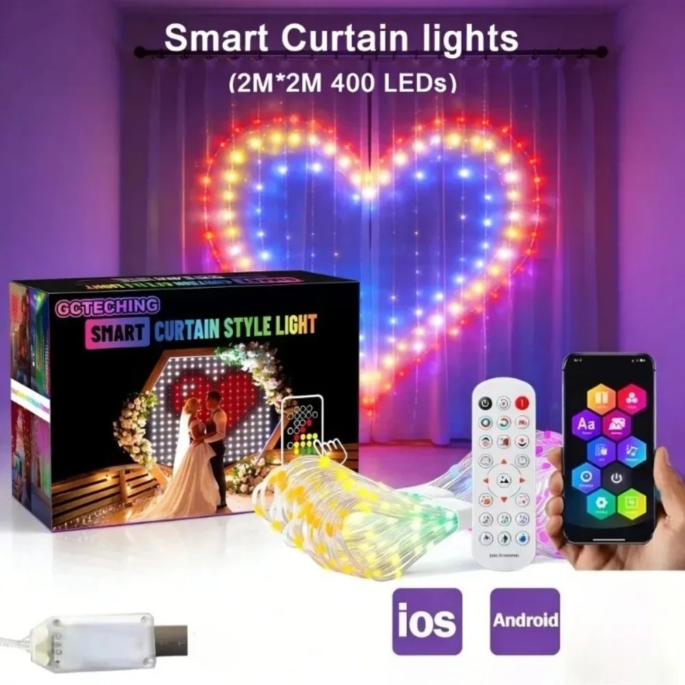 Fairy Light Curtain - 屋外用LEDピクセルカーテンライト ブルートゥースアプリ スマートRGB DIY装飾 窓 壁