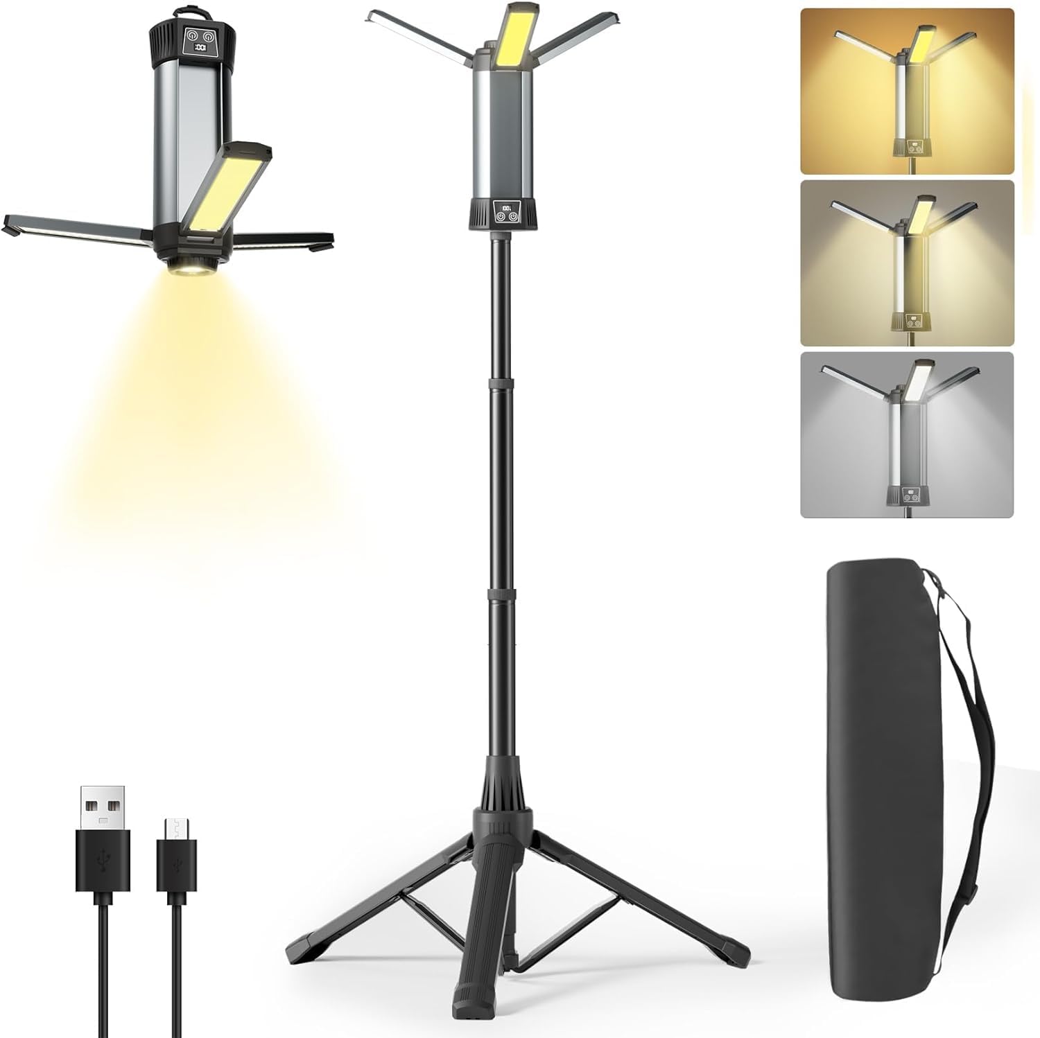 Floor Lamp Tripod - 充電式作業灯、キャンプ用ライト、屋外用、LEDコードレス作業灯、スタンド付き、取り外し可能な三脚フックとキャリングバッグ付き