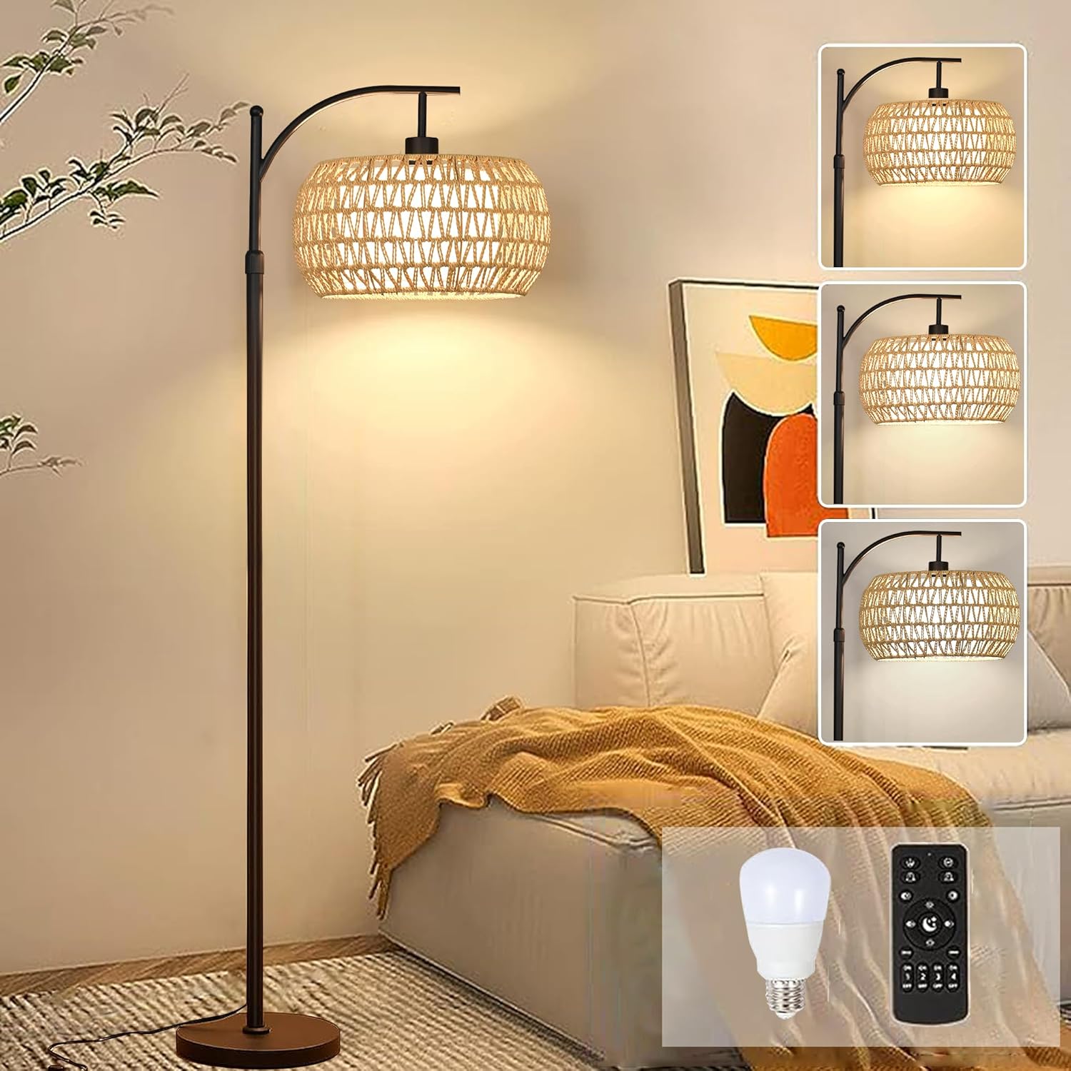 Floor Lamp Tripod - リビングルーム用アークフロアランプ、ラタンボヘミアンフロアランプ（リモコン付き）、調光可能なLEDフロアランプ、ウィッカーランプシェード、ブラックスタンディングランプ（3色温度）