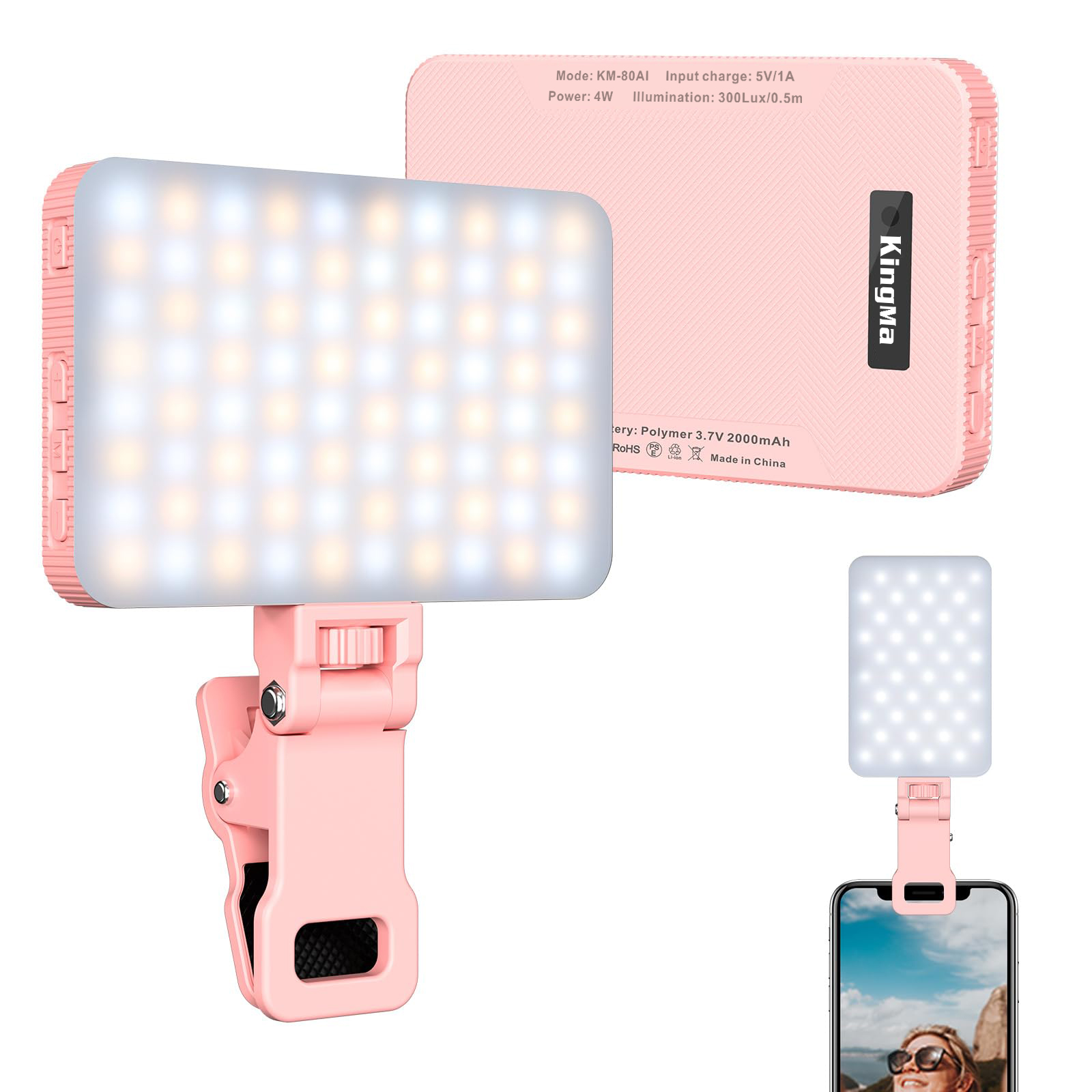 Lighting Gallery - キングマピンクの充電式セルフィーライト、ポータブルクリップ、電話、ラップトップ、メイクアップ、ビデオ会議、tik tok