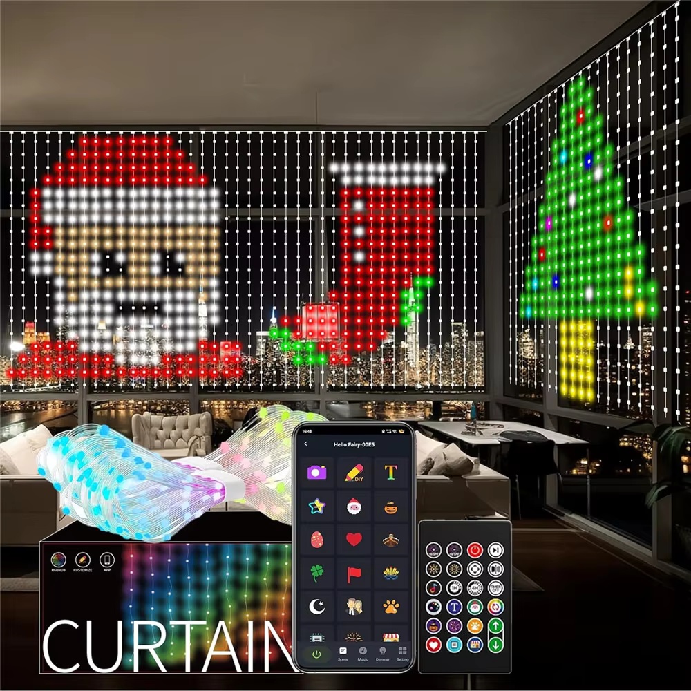 Fairy Light Curtain - スマートRGBピクセルカーテンライト Bluetoothアプリ制御 DIYテキストパターン プログラム可能なLEDカーテンストリングライト 音楽同期 リモコン付き