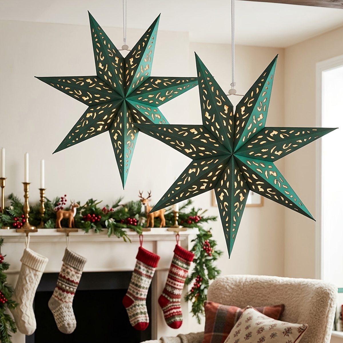 Pendant Lighting Christmas Decor - 2個入り、ペンダント、ドロップ＆フィニアル、35cm、グリーンの透かし彫り7芒星型ランプシェード（ライトなし）、クリスマス吊り下げ装飾、クリスマス