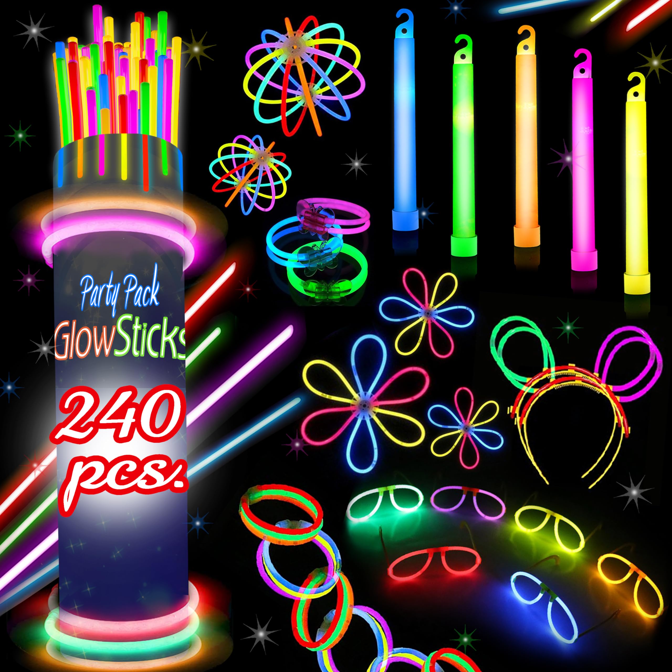 Lighting Decor And More - 240本入りグロースティック ハロウィンパーティーパック – 家族向け光るアクティビティ – ネオンライトスティック