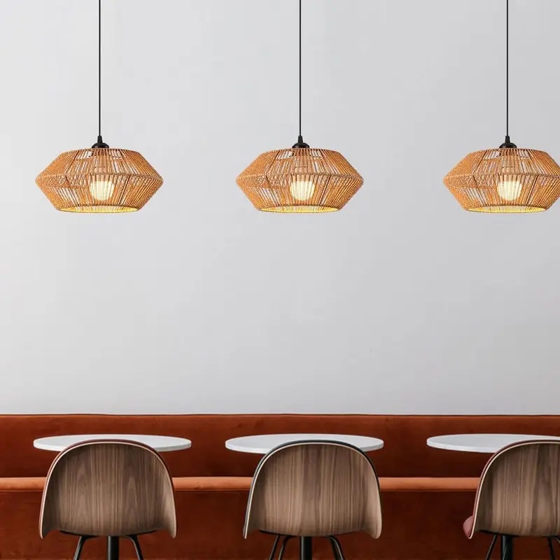 Geometric Lamp Shade - ボホスタイルのラタン製ペンダントライト、幾何学的な六角形の籐製吊り下げランプ、ダイニングルーム、キッチンアイランド、ファームハウス用
