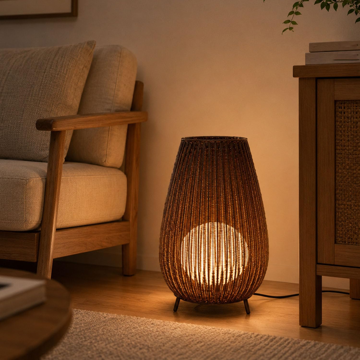 Floor Lamp Tripod - ダークブラウンの屋外用ラタン製三脚フロアランプ