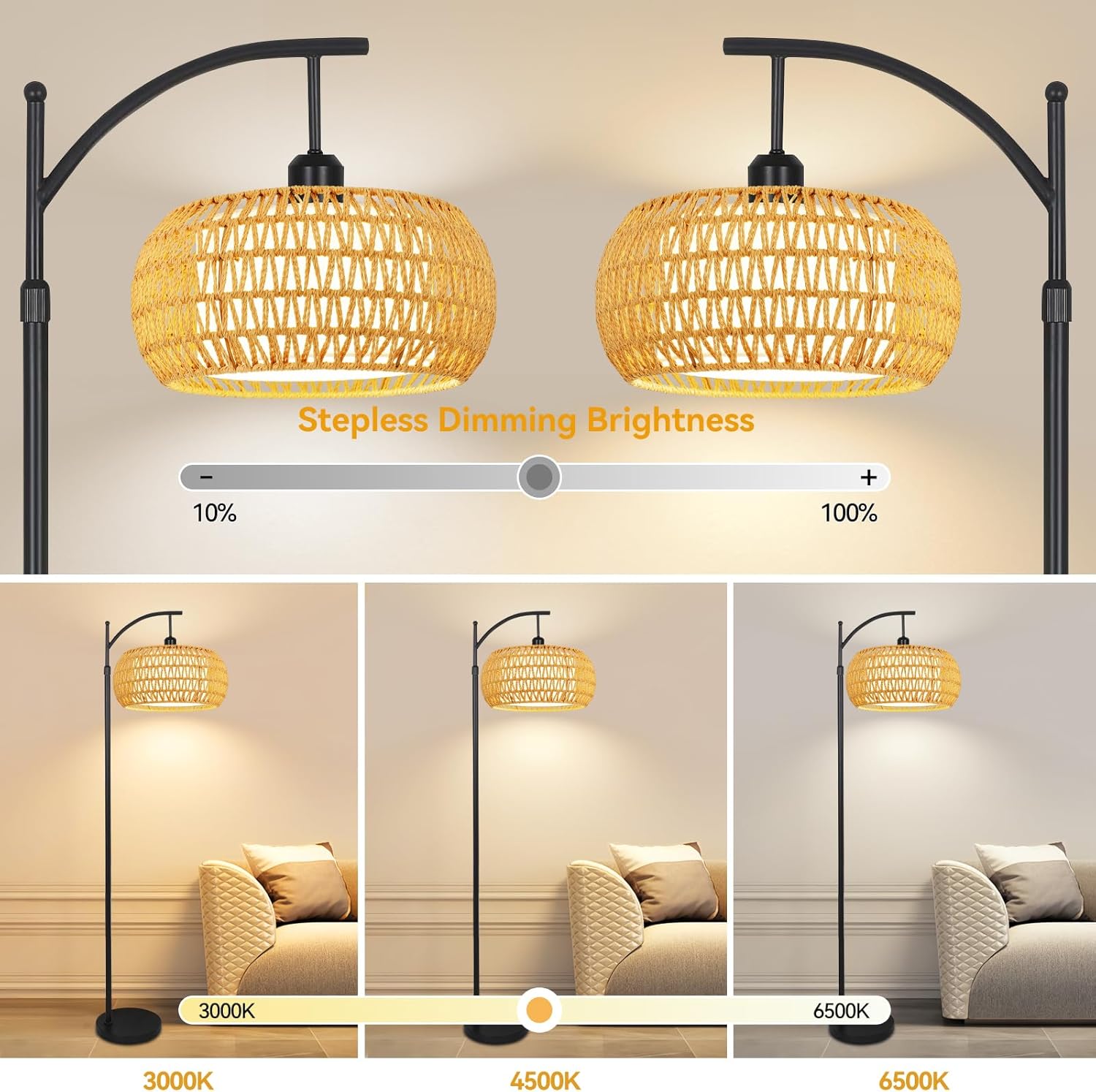 リビングルーム用アークフロアランプ、ラタンボヘミアンフロアラ - Floor Lamp Tripod のレビューと価格
