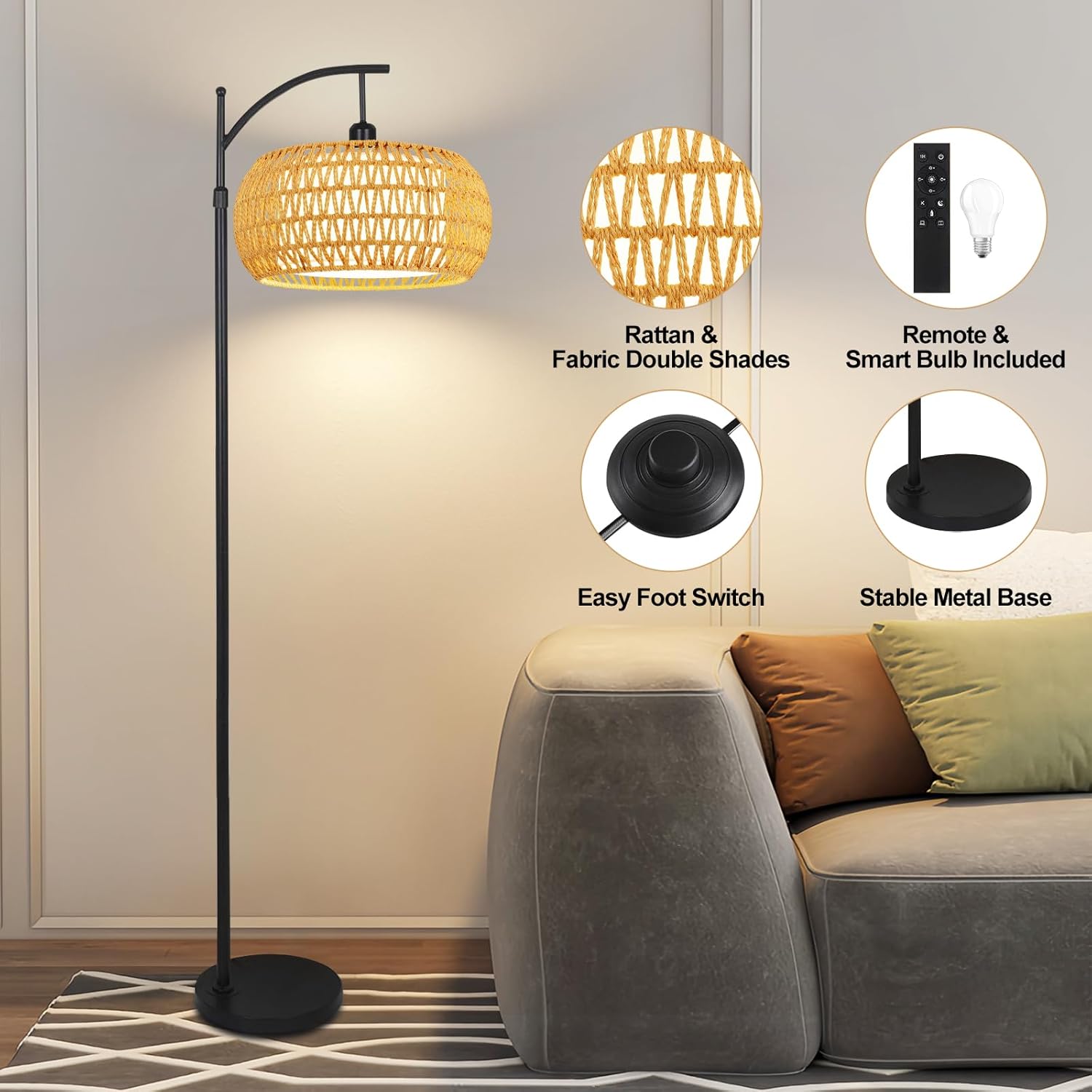リビングルーム用アークフロアランプ、ラタンボヘミアンフロアラ - Floor Lamp Tripod のレビューと価格