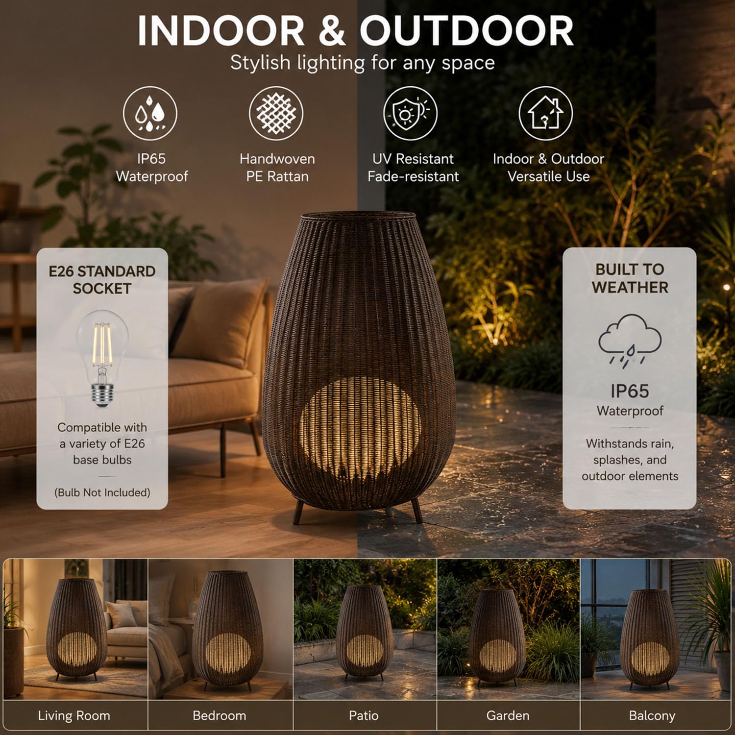 ダークブラウンの屋外用ラタン製三脚フロアランプ - Floor Lamp Tripod のレビューと価格