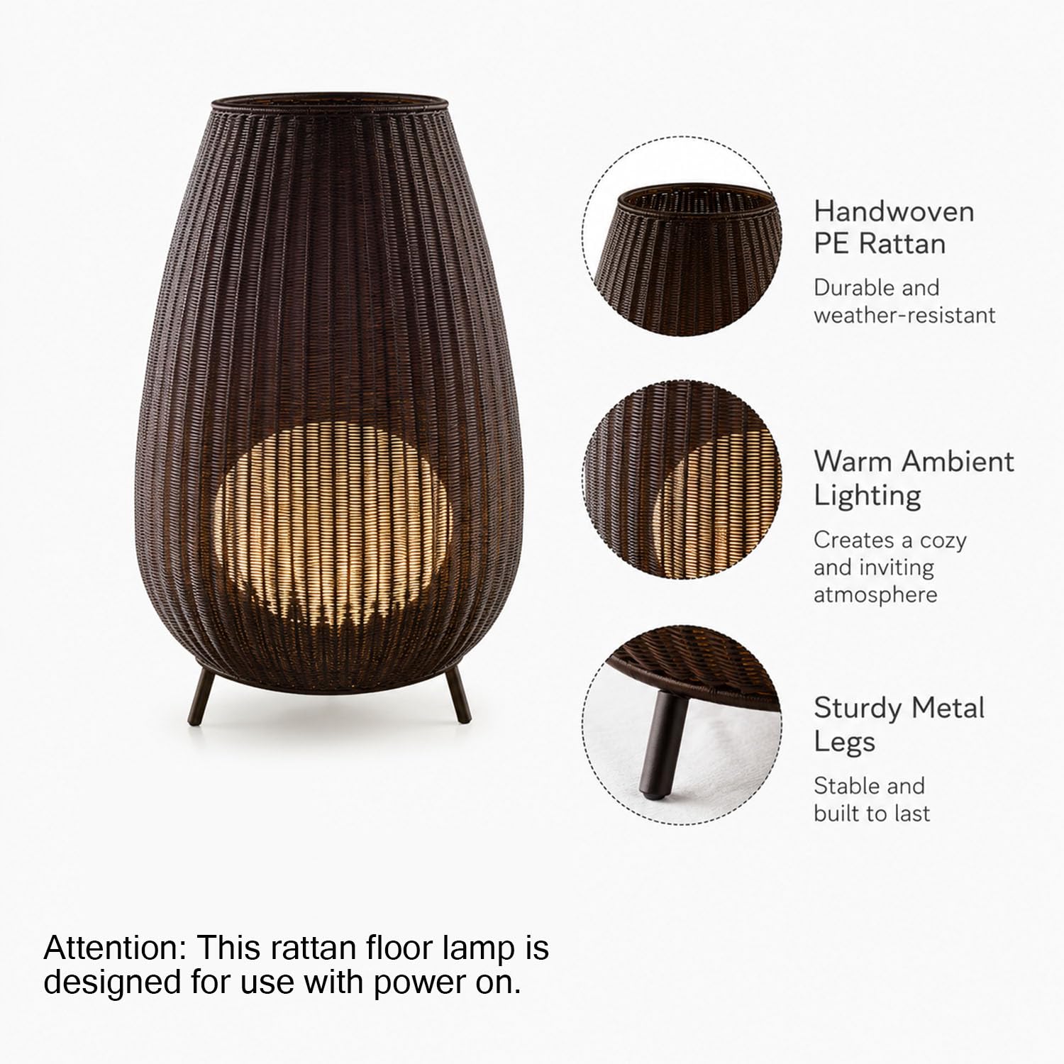 ダークブラウンの屋外用ラタン製三脚フロアランプ - Floor Lamp Tripod のレビューと価格