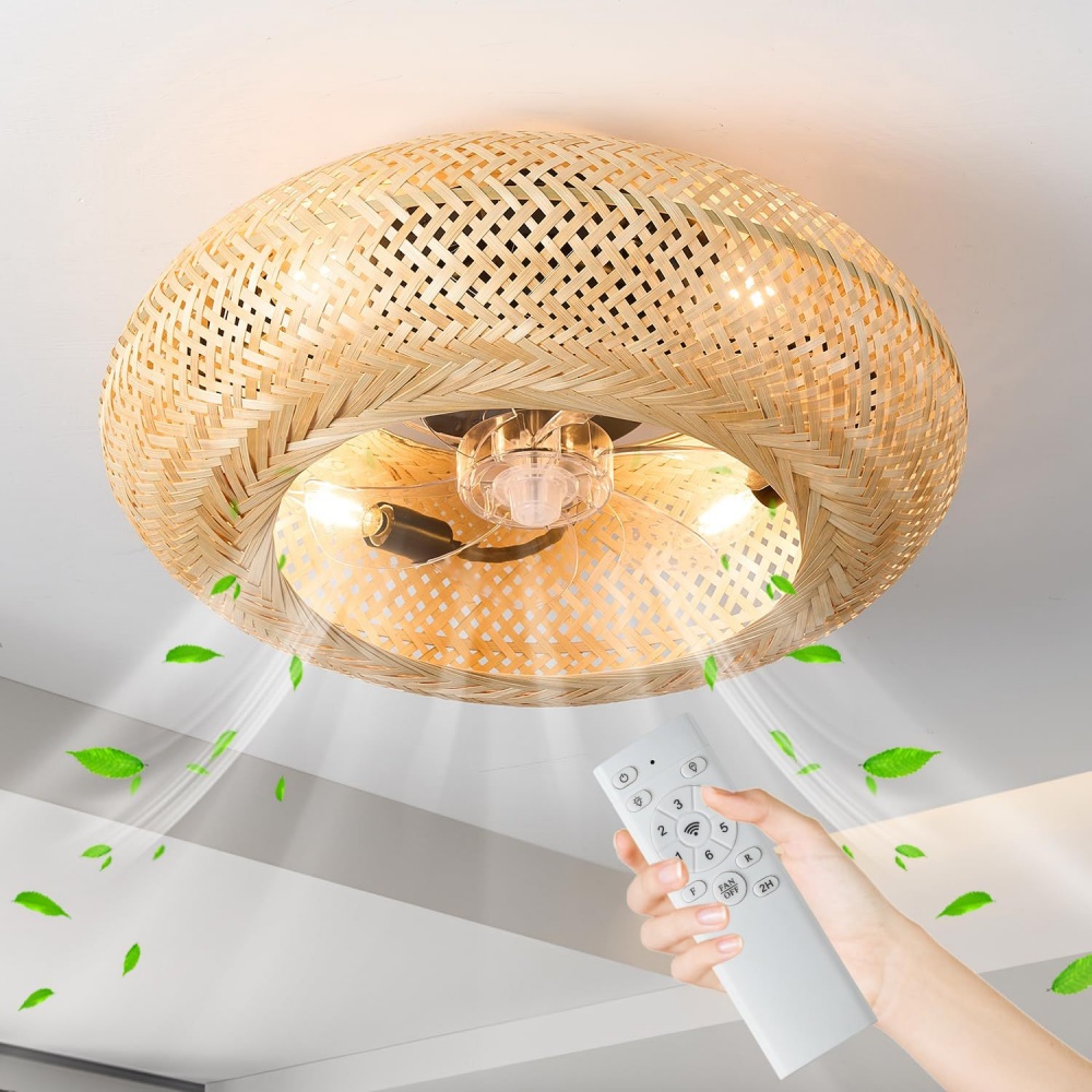竹製リモコン式シーリングファンランプ モダンな籐製手編みサイ - Decor Lighting Ceiling Fans のレビューと価格